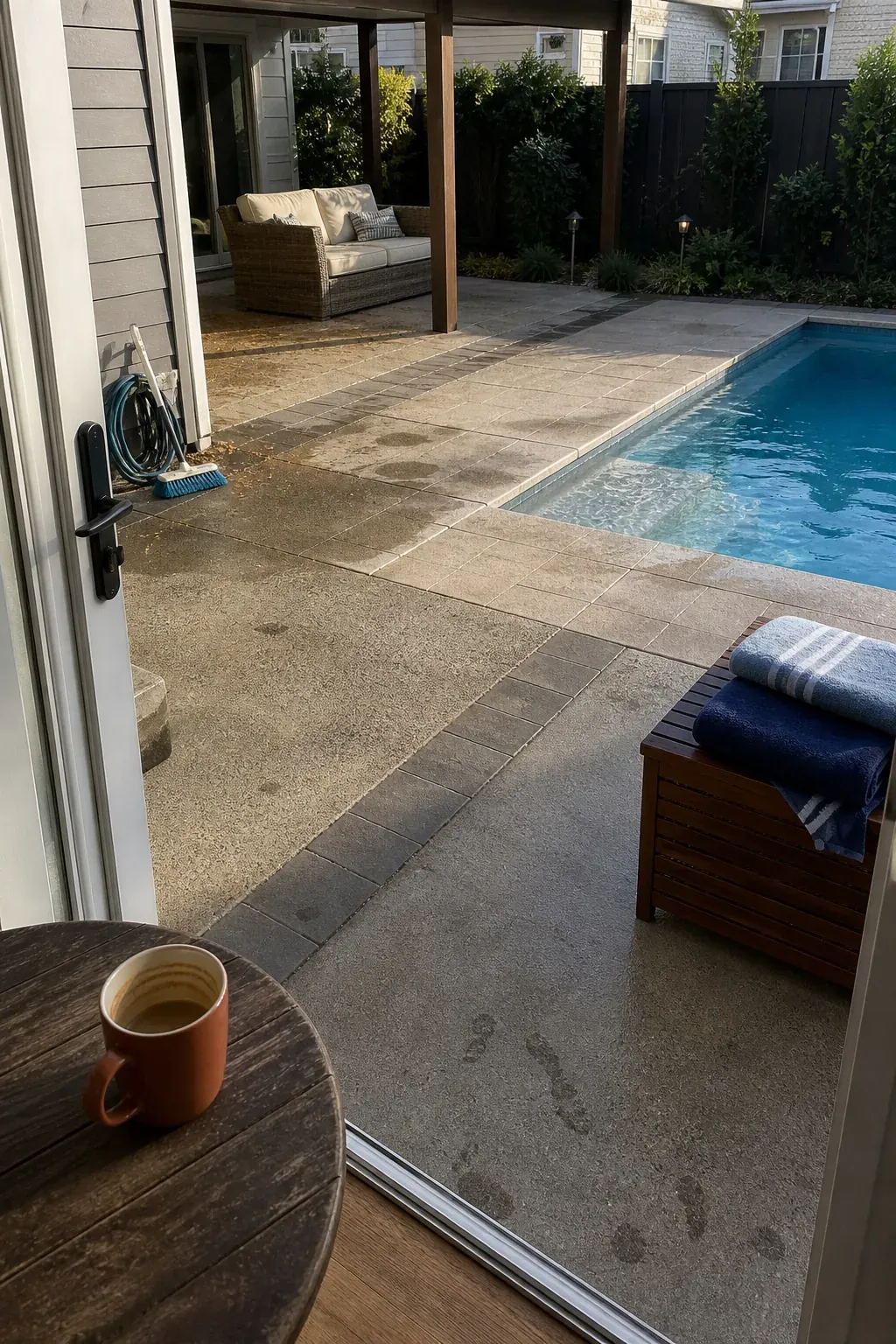 Functional pool and patio layout supporting an easy everyday outdoor routine