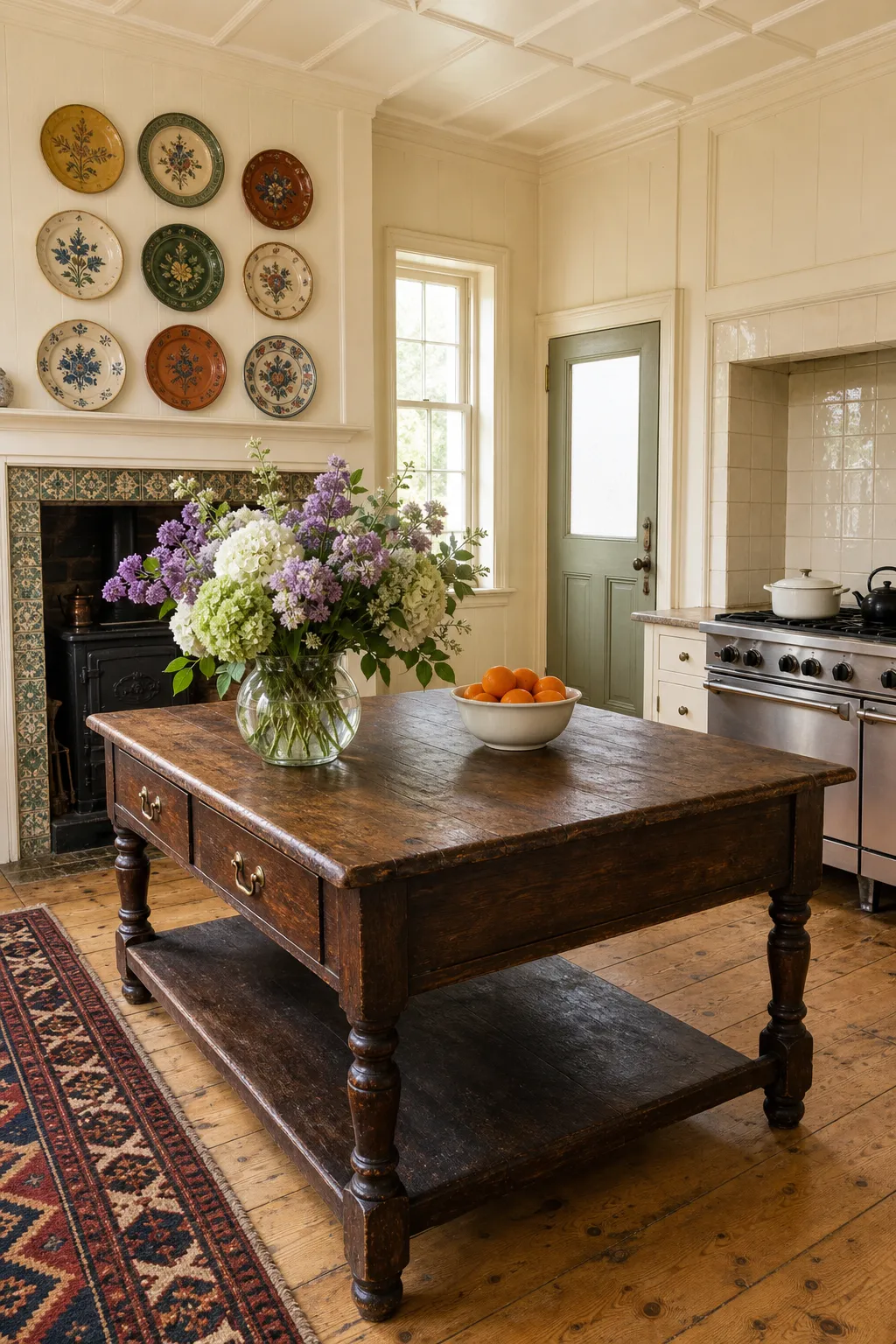 Mismatched vintage plates displayed above a fireplace in a warm country kitchen
