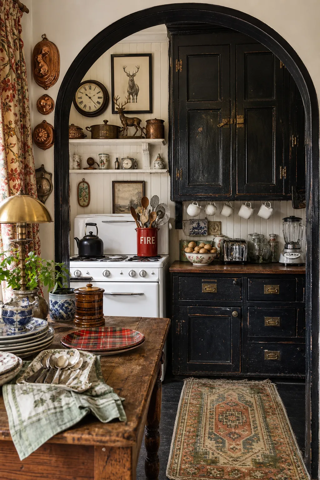 Dark arched kitchen cabinetry surrounded by a clock, framed art, copper molds, and vintage objects