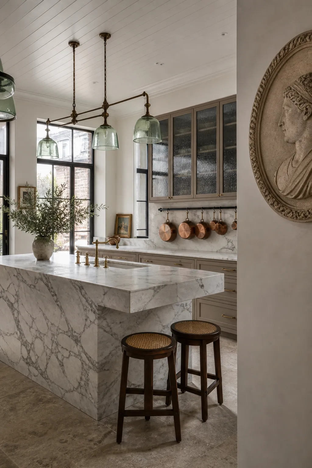 Elegant marble kitchen accented with hanging copper pans and a round stone relief on the wall