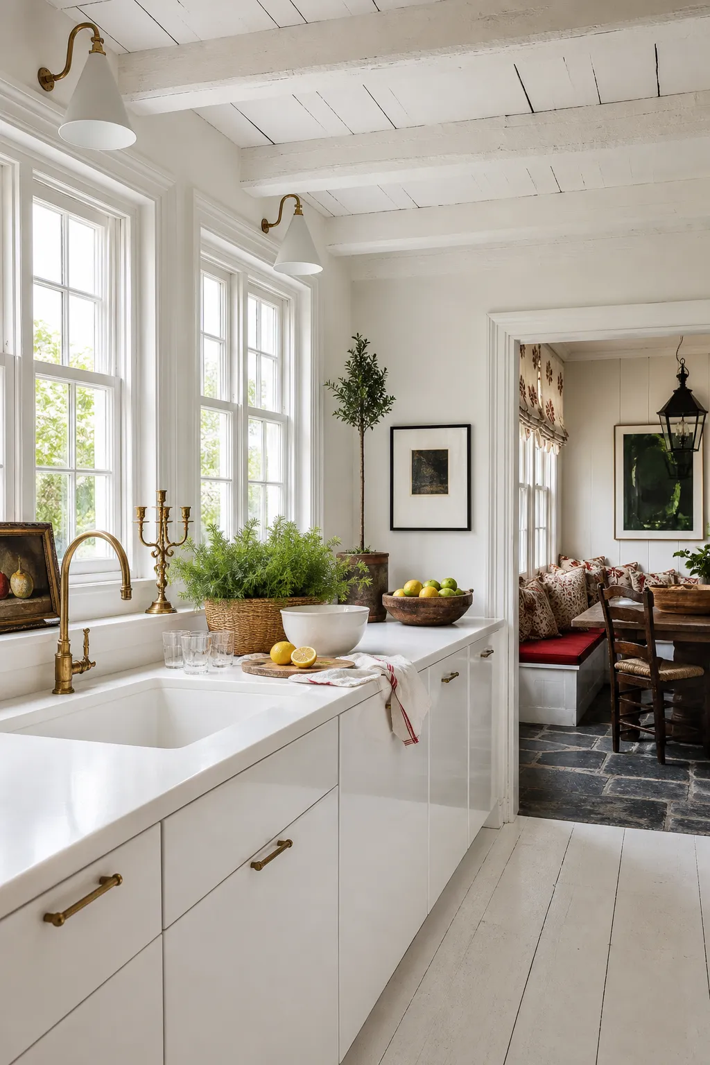 Bright white farmhouse kitchen with simple framed art, greenery, and warm brass accents