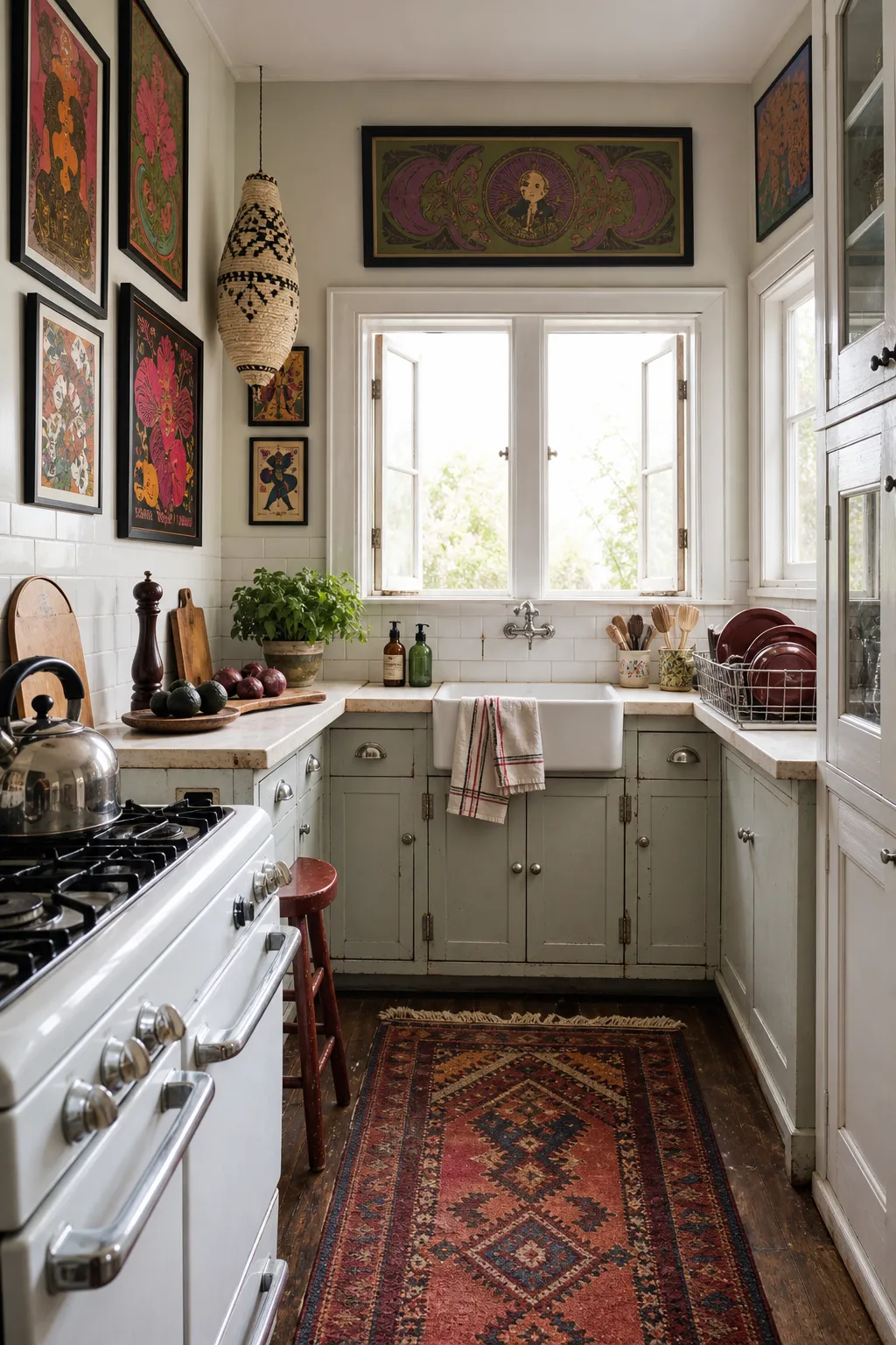 Compact vintage kitchen filled with a colorful salon-style arrangement of framed art and textiles