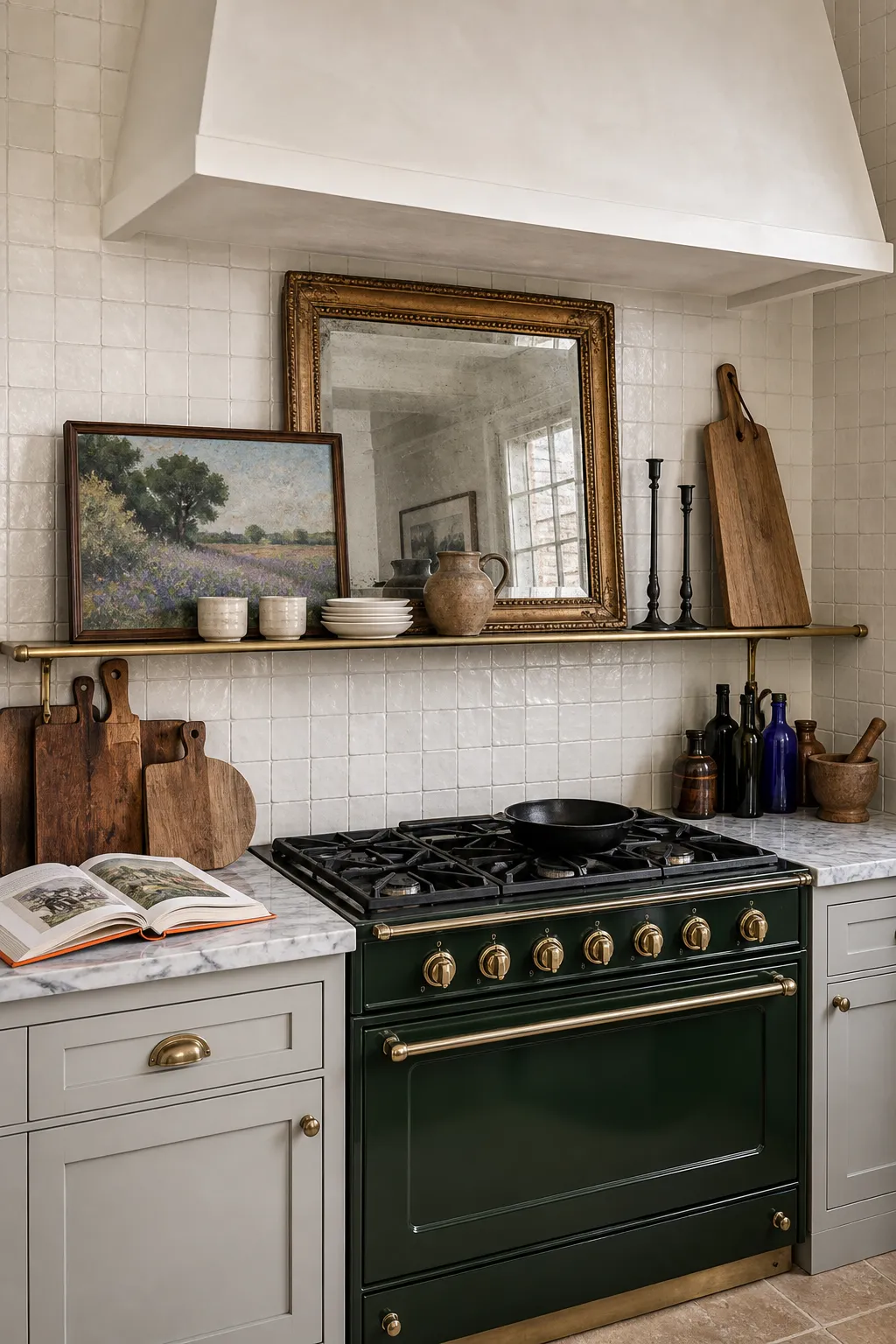 Green statement range beneath a ledge styled with a vintage landscape painting and gilt mirror