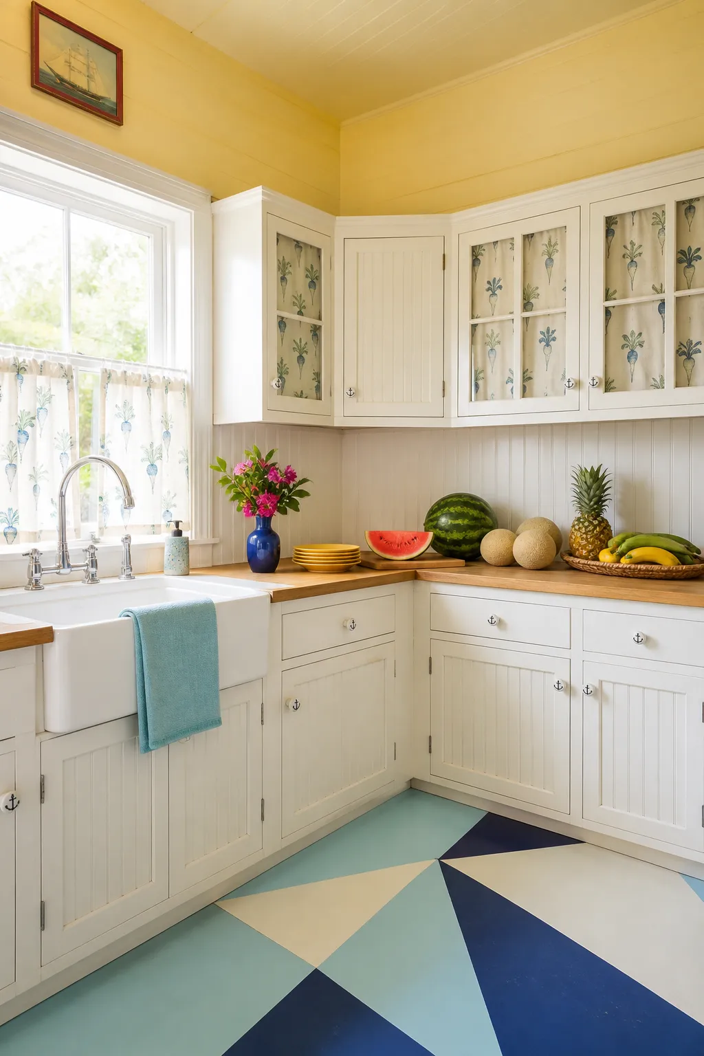 Sunny yellow cottage kitchen with floral cabinet panels and a small framed landscape