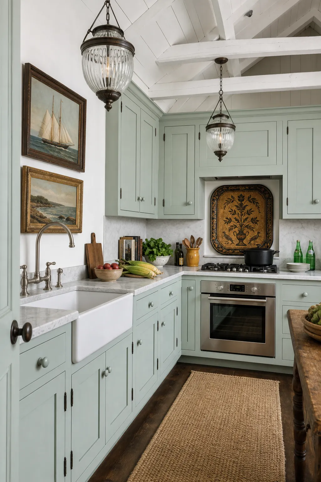 Mint green cottage kitchen decorated with framed sailboat paintings and a patterned panel above the range