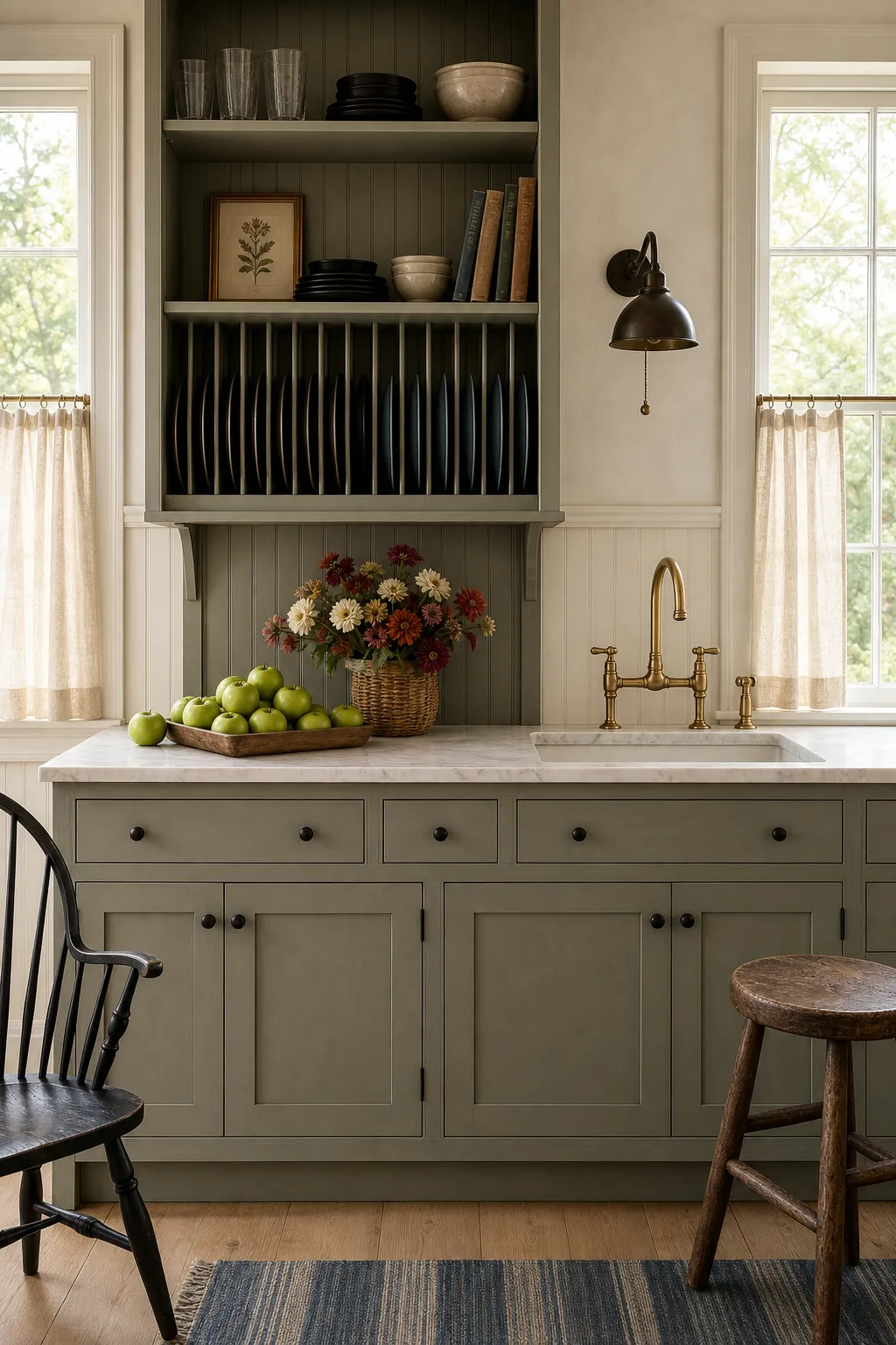 Sage green farmhouse kitchen with a built-in plate rack, botanical art, and black task light