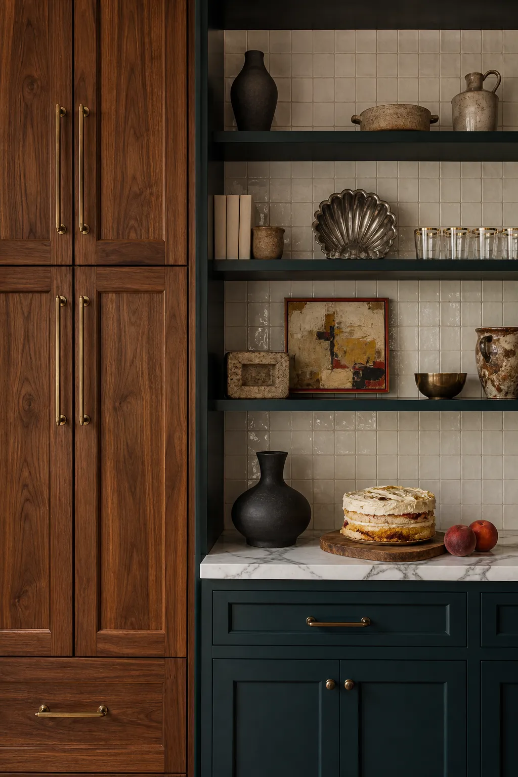 Teal and walnut kitchen with open shelves, handmade pottery, and small vintage framed art