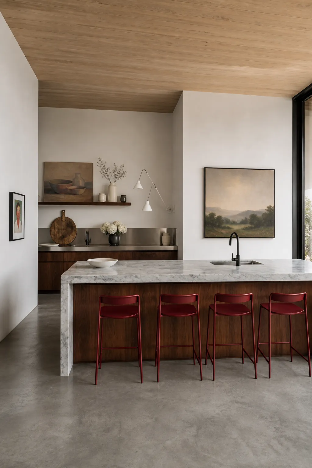 Modern minimalist kitchen with floating wood shelves and one large framed landscape artwork