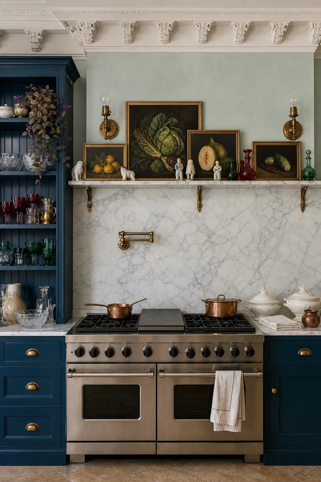 Teal kitchen with a marble backsplash, brass picture lights, and layered still-life paintings above the range