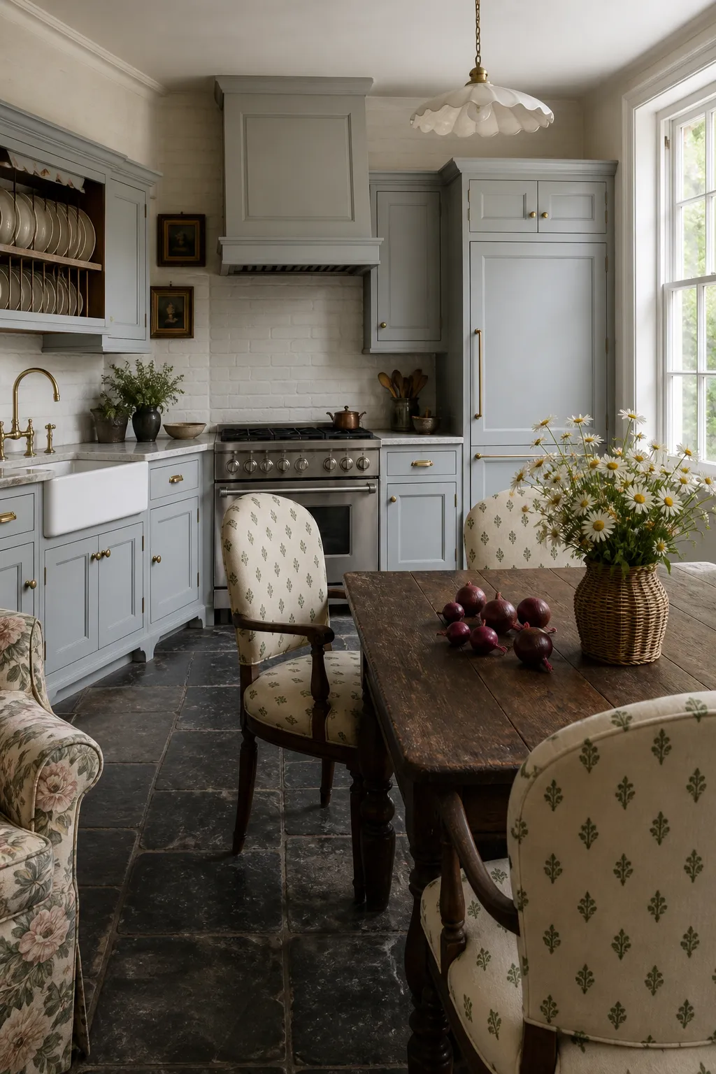 Gray cottage kitchen with small framed artworks arranged around the range and paneled cabinetry