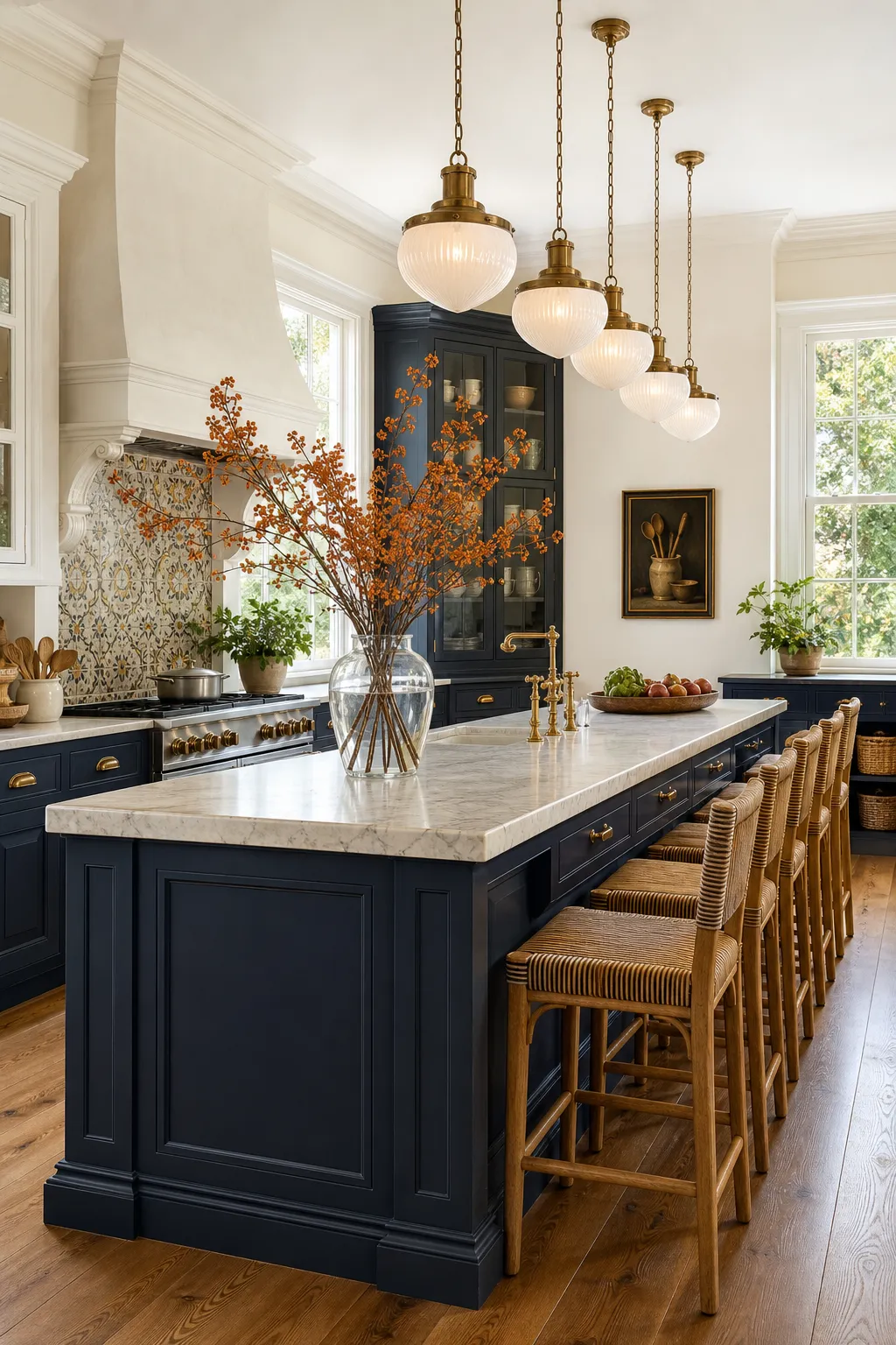 Blue kitchen with a colorful patterned tile backsplash, dark cabinetry, and warm pendant lights
