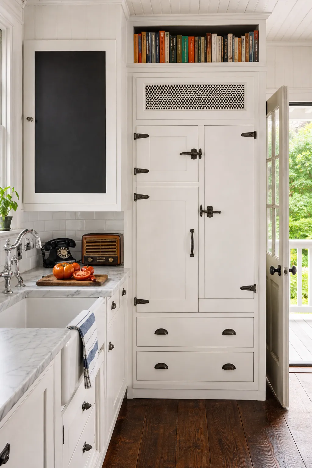 Bright farmhouse kitchen wall fitted with a chalkboard, cookbook shelf, drawers, and black iron latches
