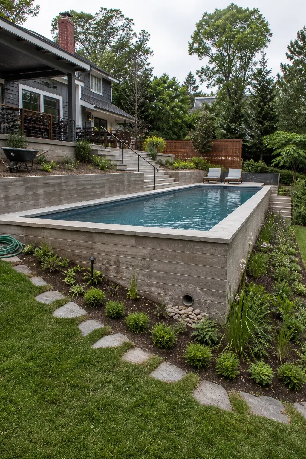 Swimming pool positioned midway down a sloped backyard with terraces above and below