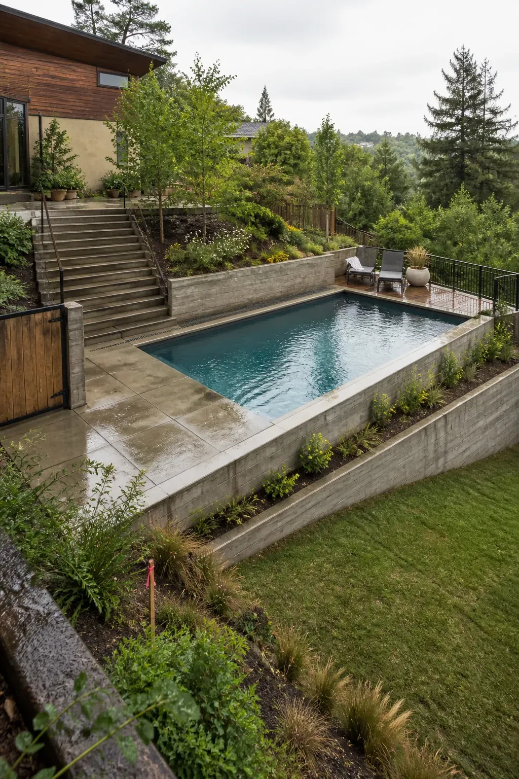 Terraced hillside pool integrated into a sloped backyard