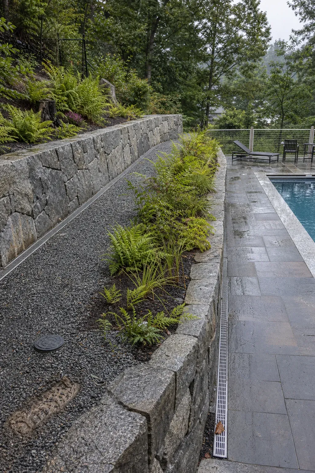 Hillside pool framed by two lower planted retaining terraces