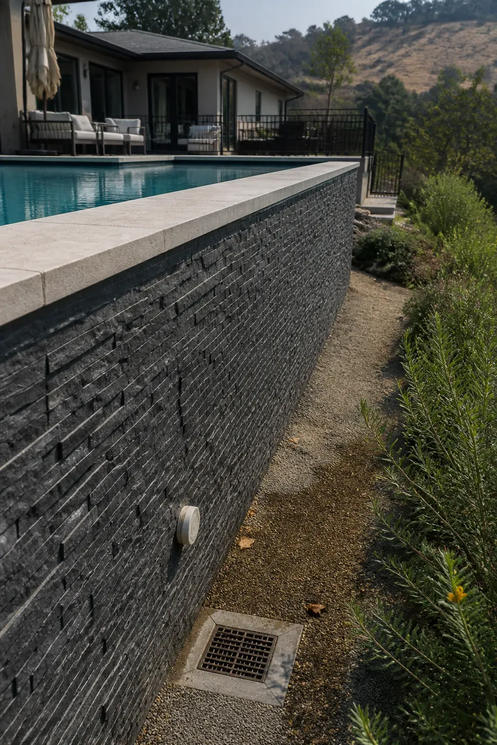 Exposed raised bond beam forming the downhill edge of a hillside pool