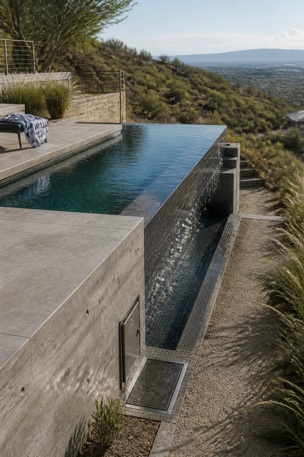 Hillside swimming pool with a vanishing edge facing a distant view