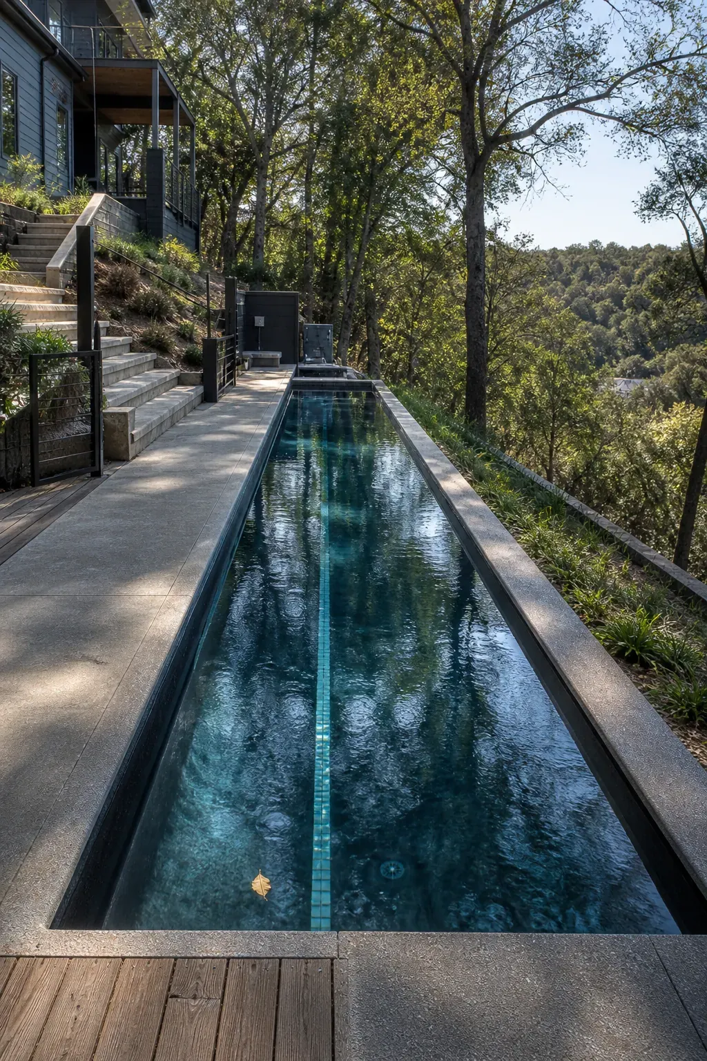 Long narrow lap pool aligned across a sloping backyard contour
