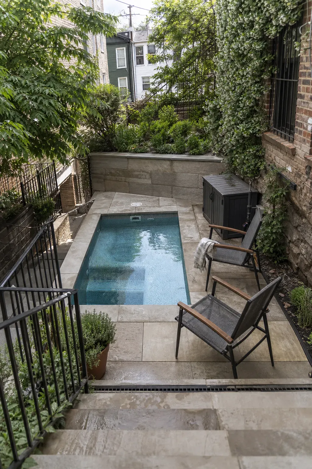 Compact plunge pool built on a small level shelf in a sloped yard