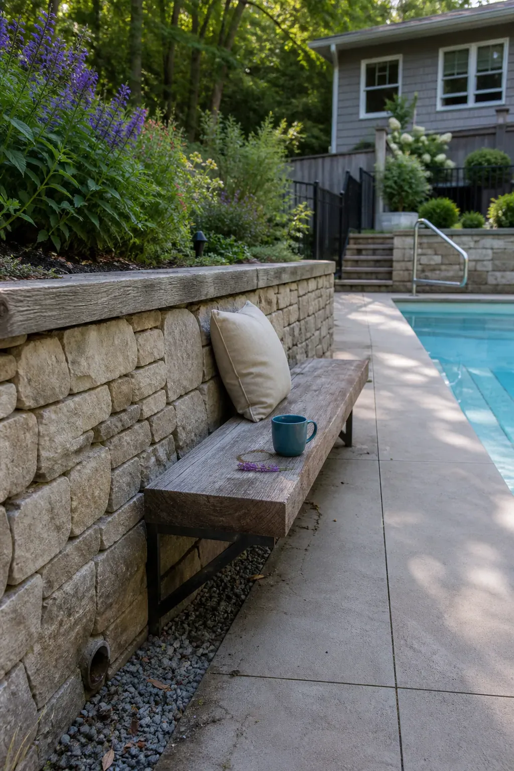 Engineered retaining wall with an integrated bench beside a hillside pool terrace