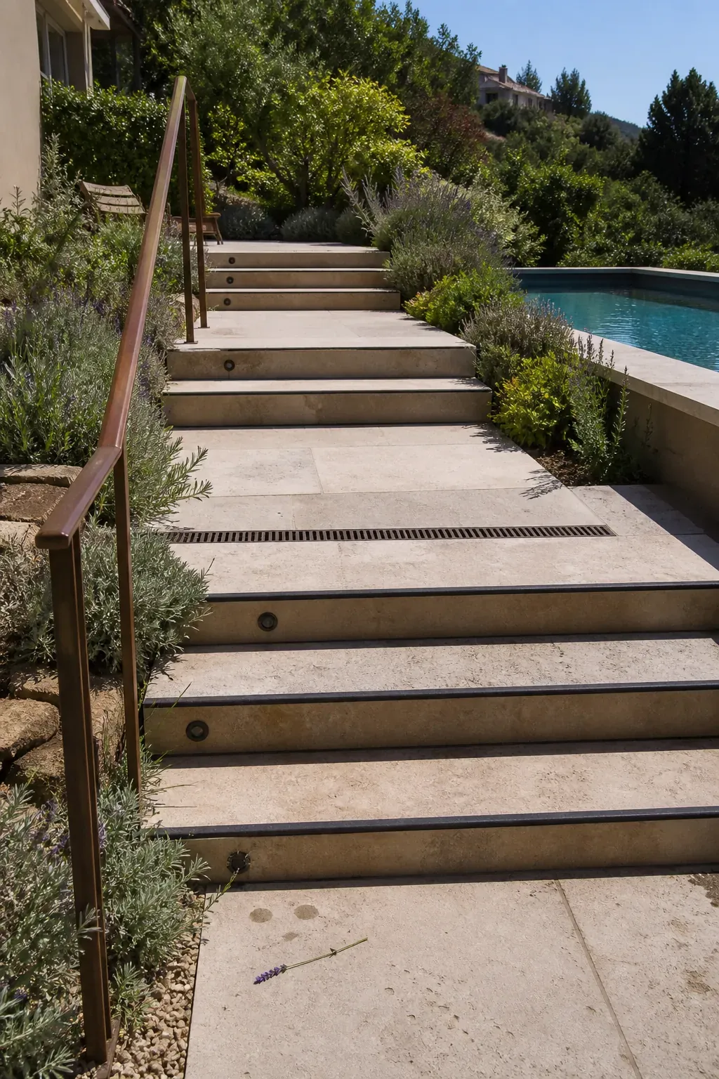 Broad planted garden steps running beside a pool on a sloped site