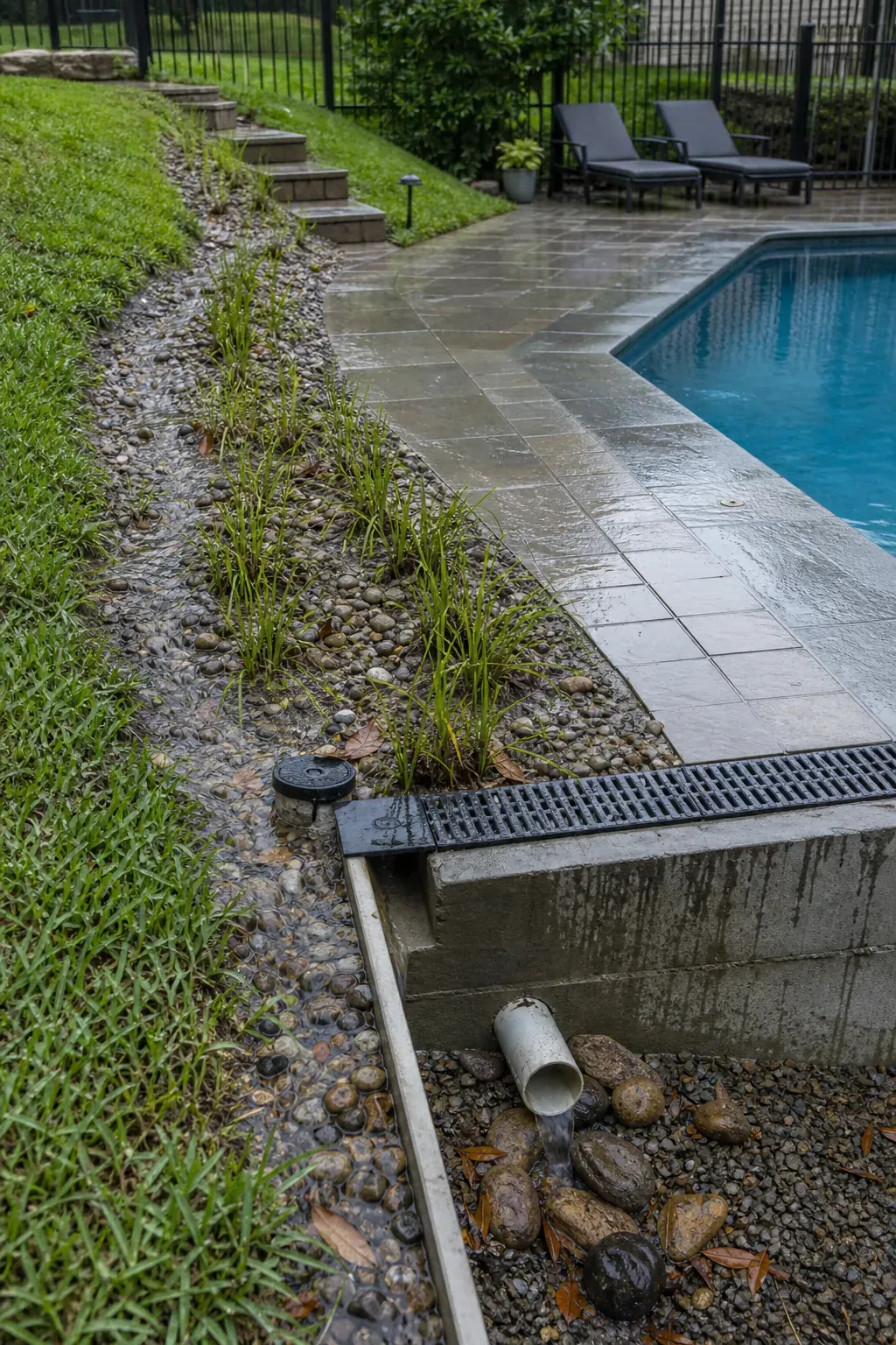 Landscape swale and channel drain intercepting runoff above a hillside pool