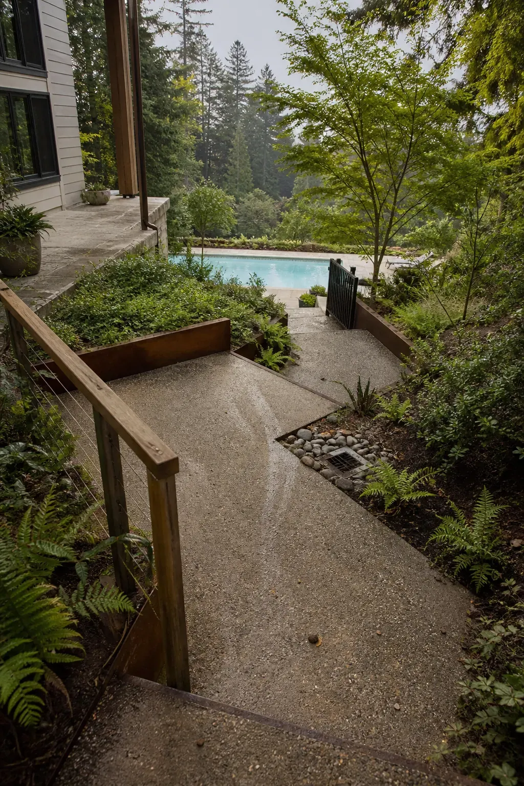 Gently graded switchback garden path connecting a house to a hillside pool