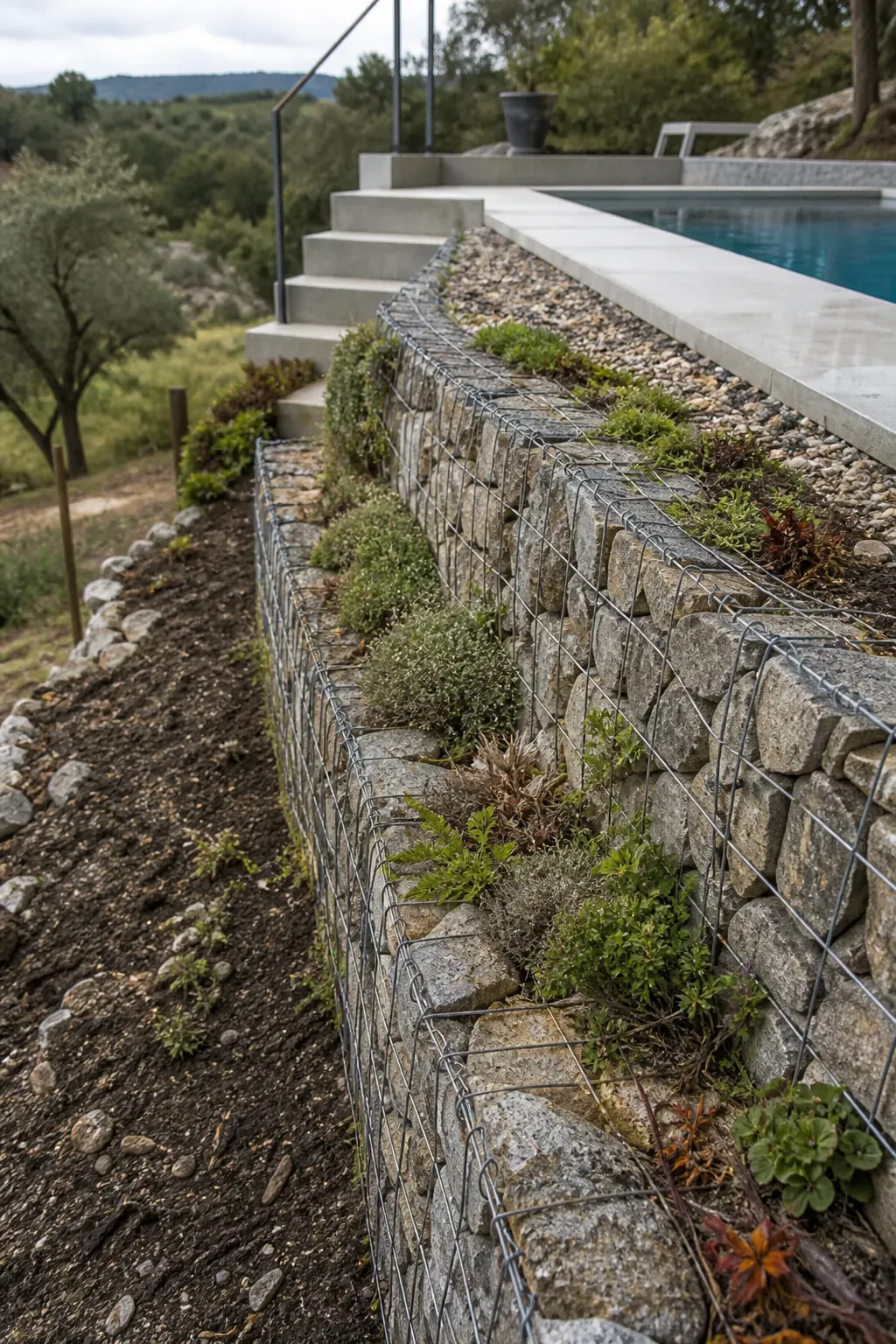 Planted stone gabion terraces supporting a rustic hillside pool area