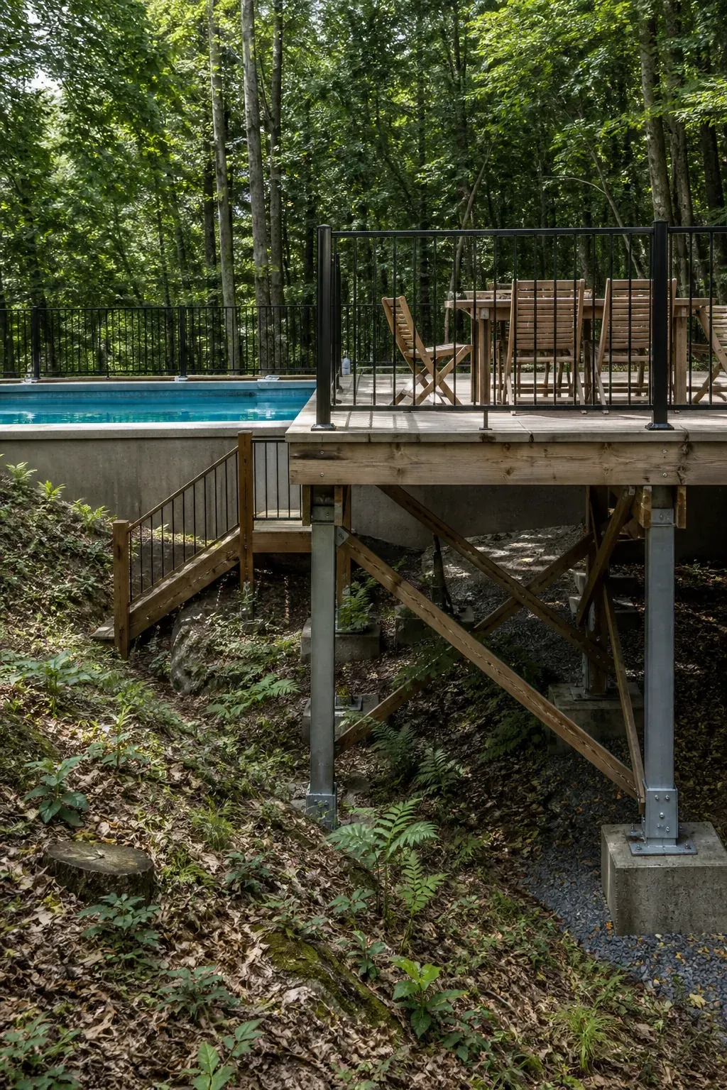 Engineered elevated deck extending from a swimming pool over a lower slope