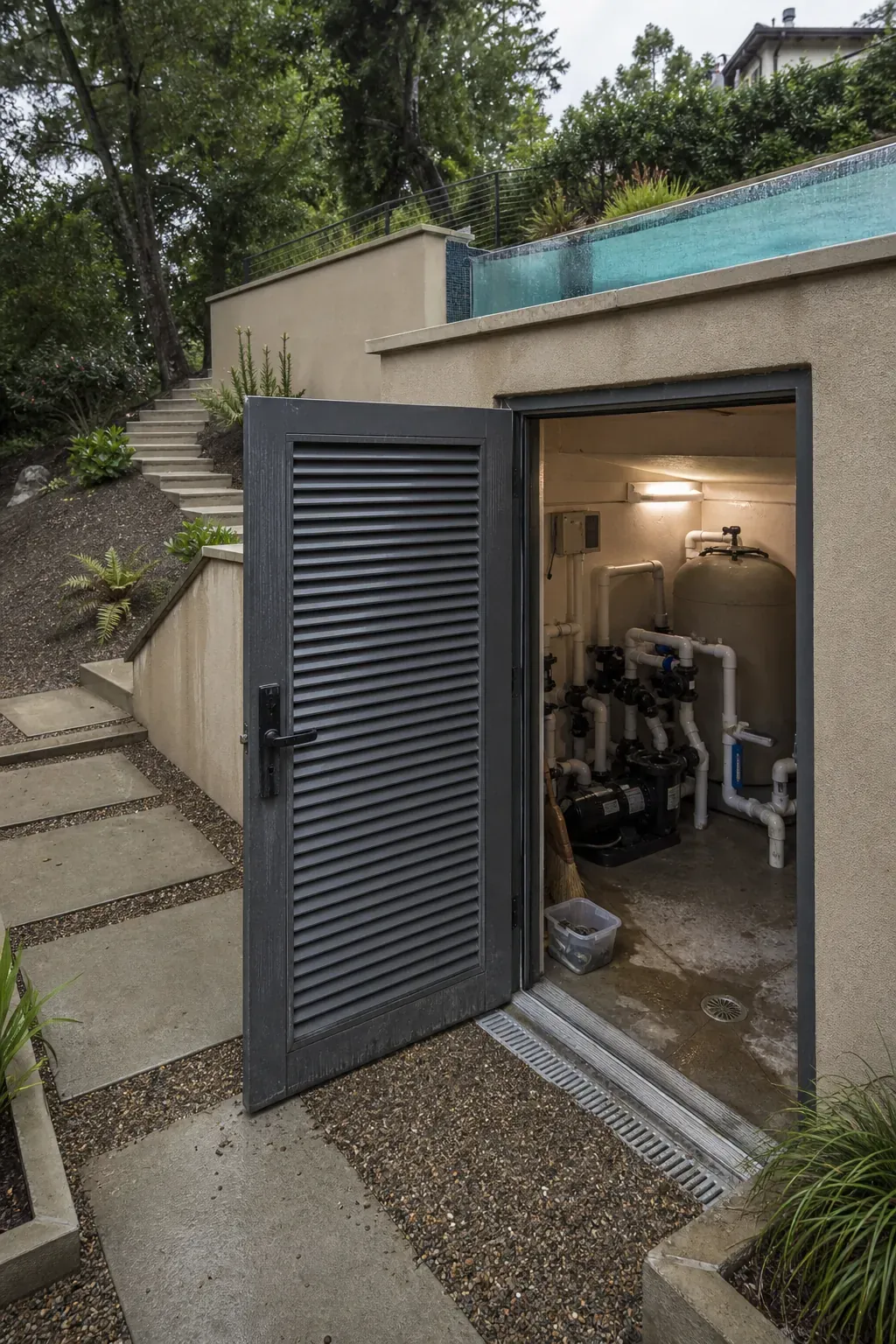 Accessible pool equipment room integrated below a raised hillside terrace