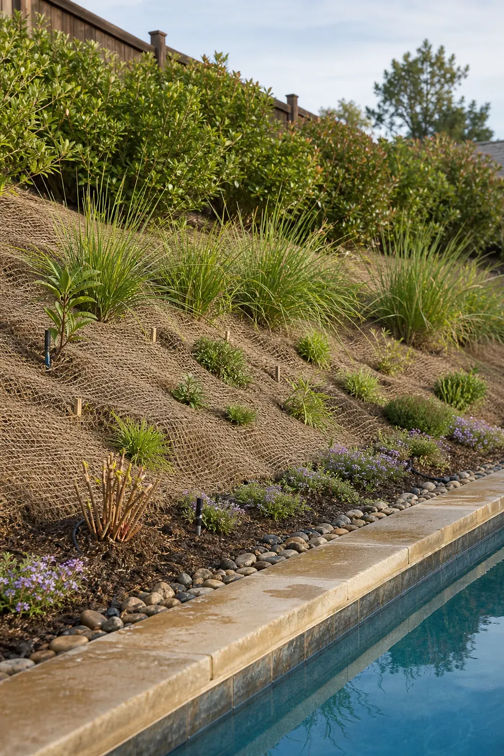 Layered erosion-control planting stabilizing the bank above a backyard pool
