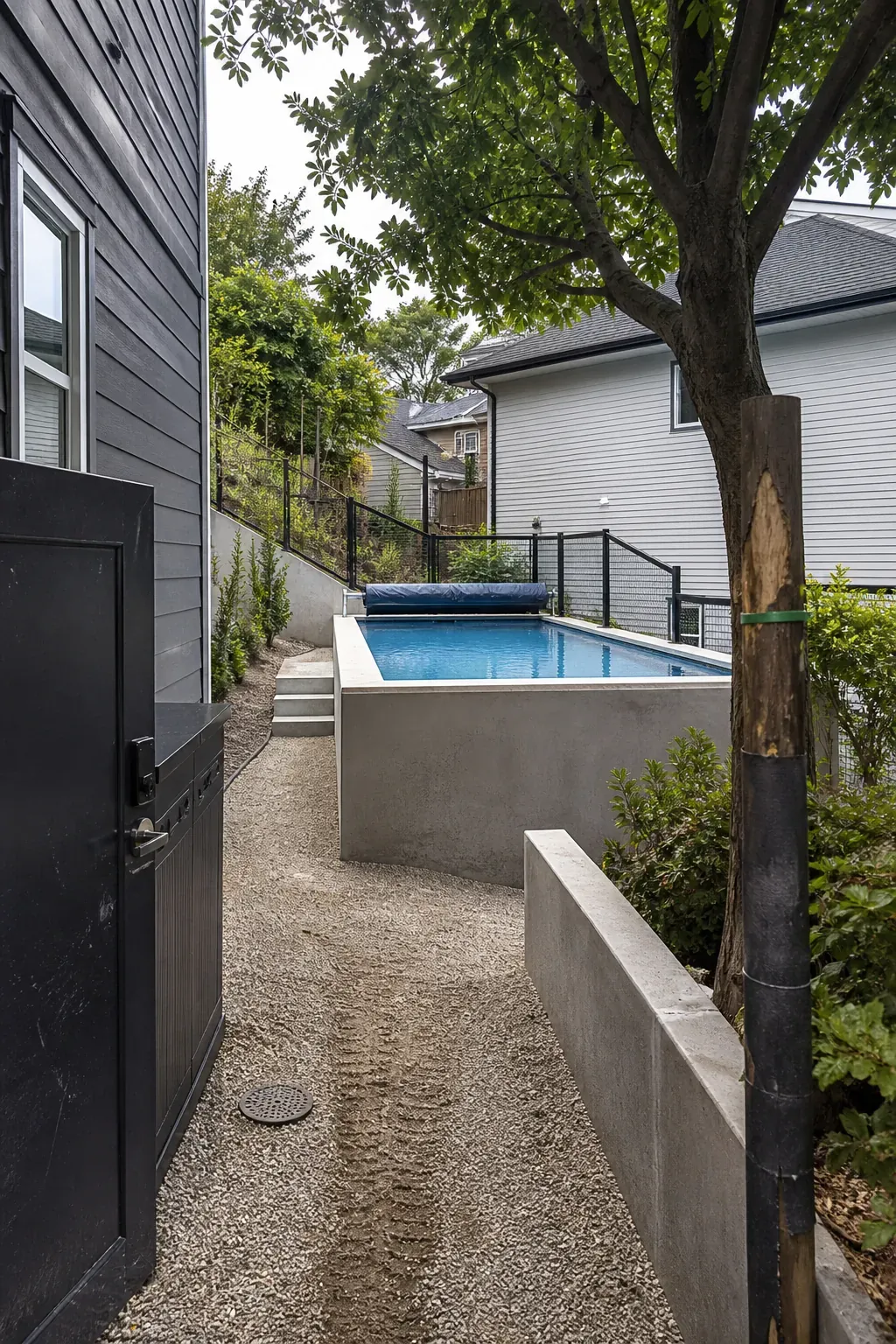 Simple hillside pool layout shaped by narrow construction access and existing terrain