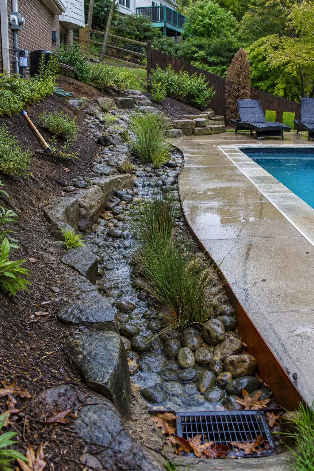 Planted dry creek carrying stormwater around a pool on a sloped yard