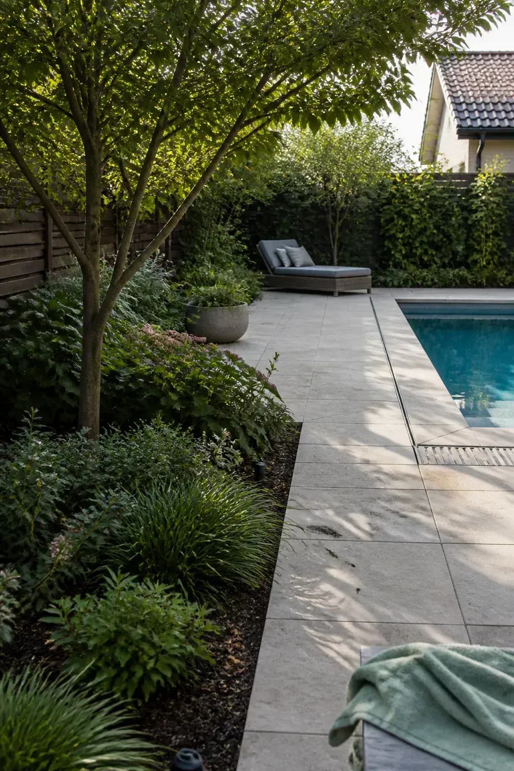 Layered backyard pool landscaping softening a broad paved terrace