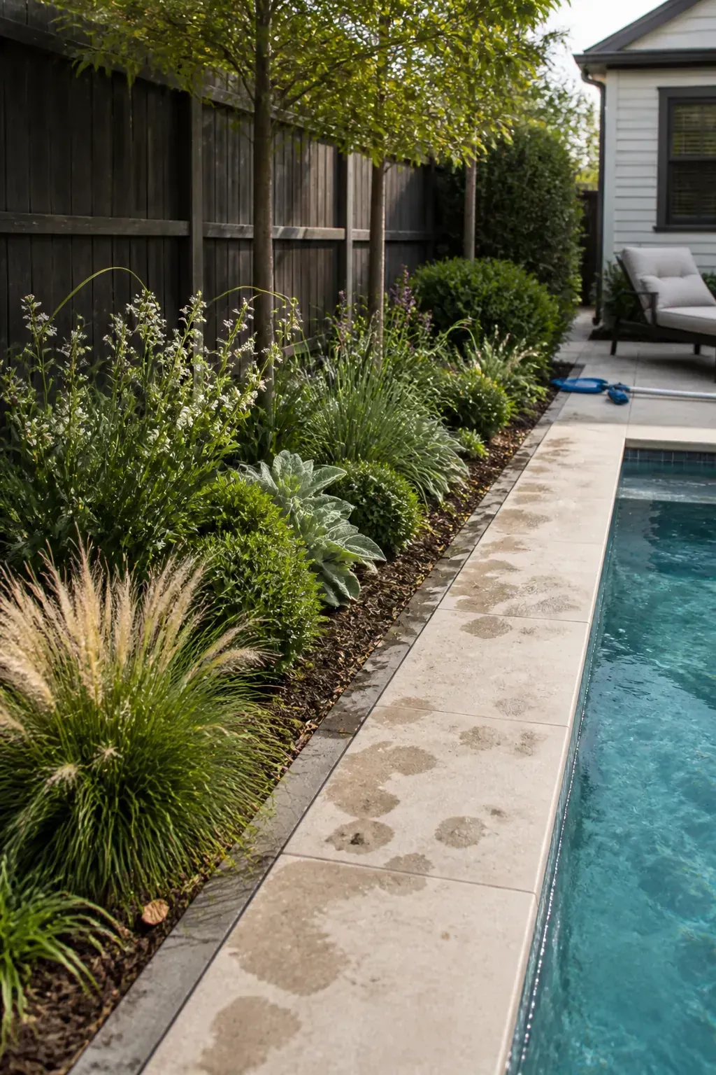 Low mixed planting border beyond clear pool coping