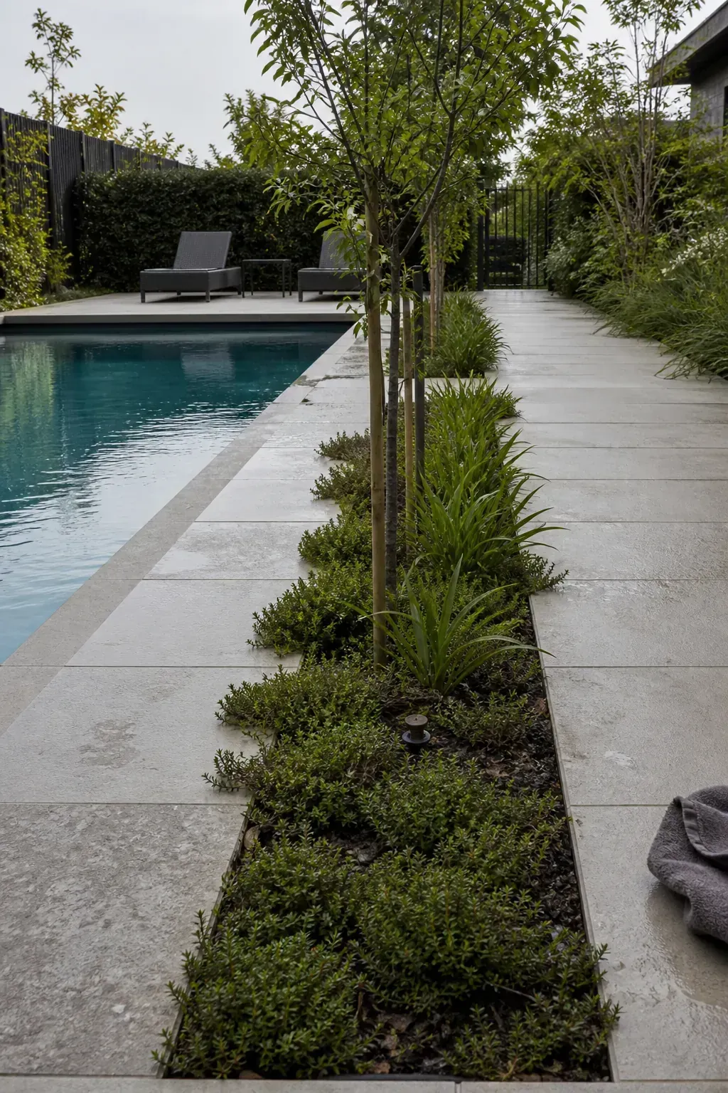 Narrow planted pockets interrupting a broad pool deck