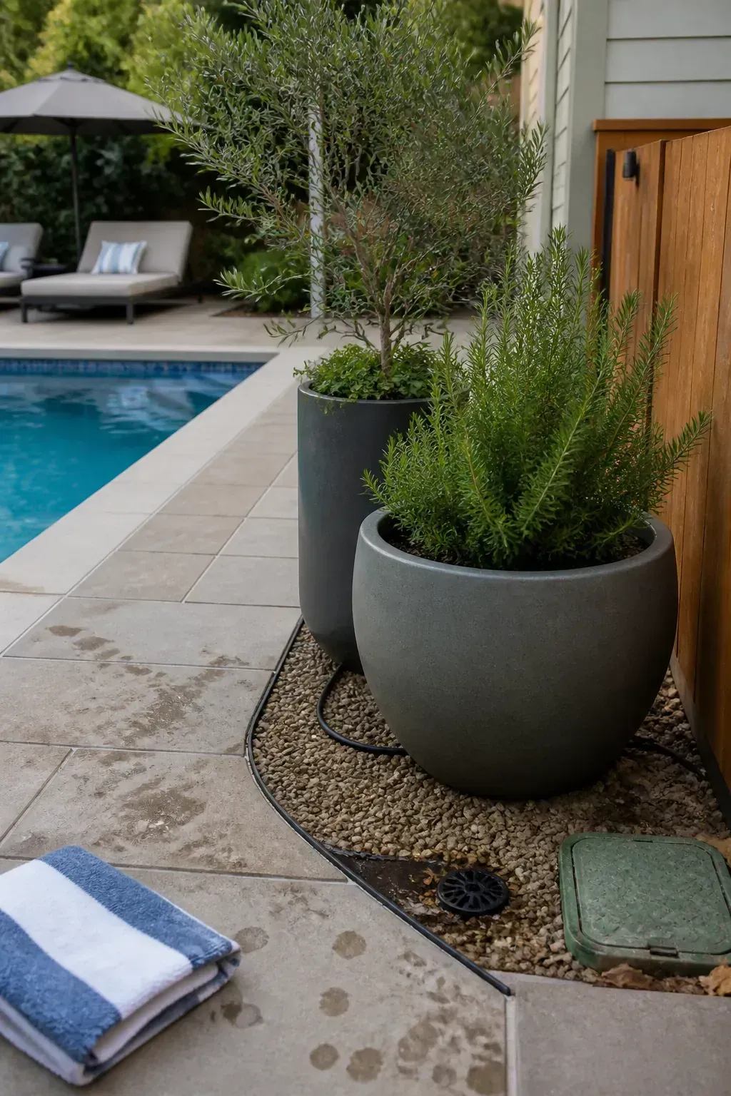 Large poolside containers adding greenery without risky roots