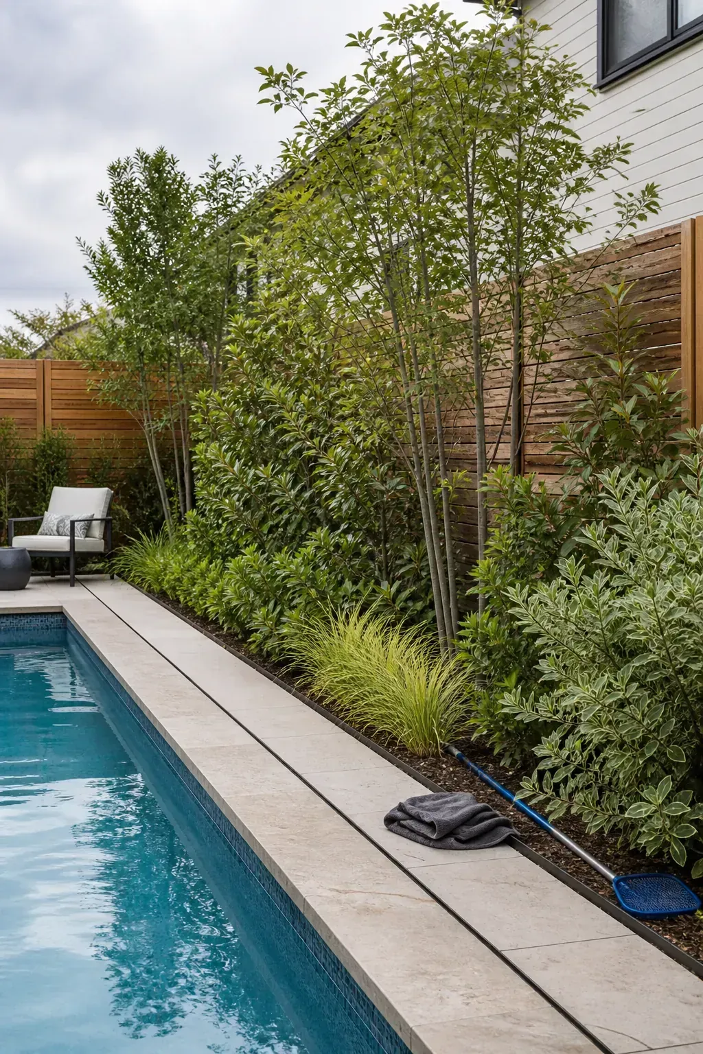 Layered pool privacy planting with shrubs and small trees