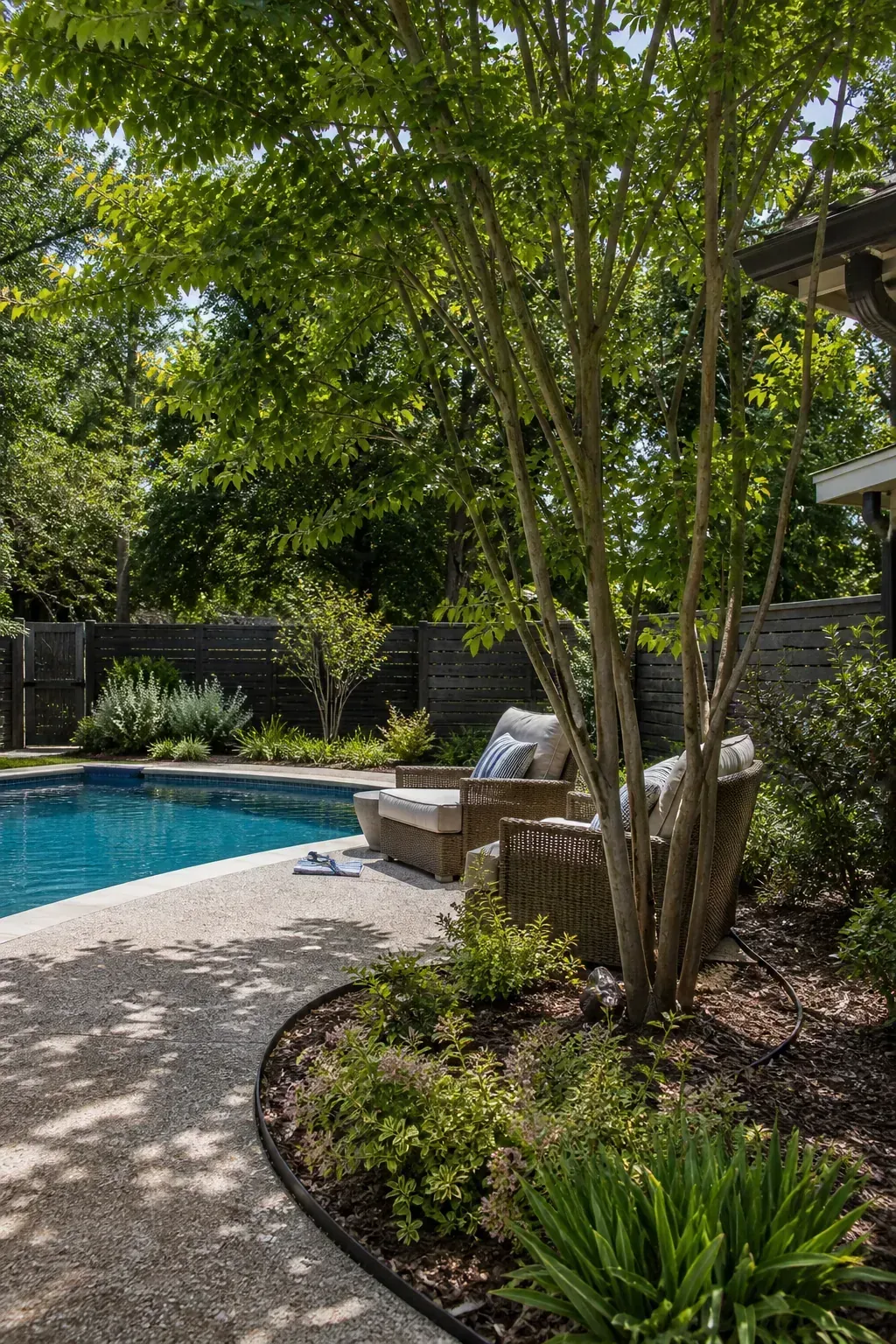 Multi-stem small tree casting filtered shade near pool seating