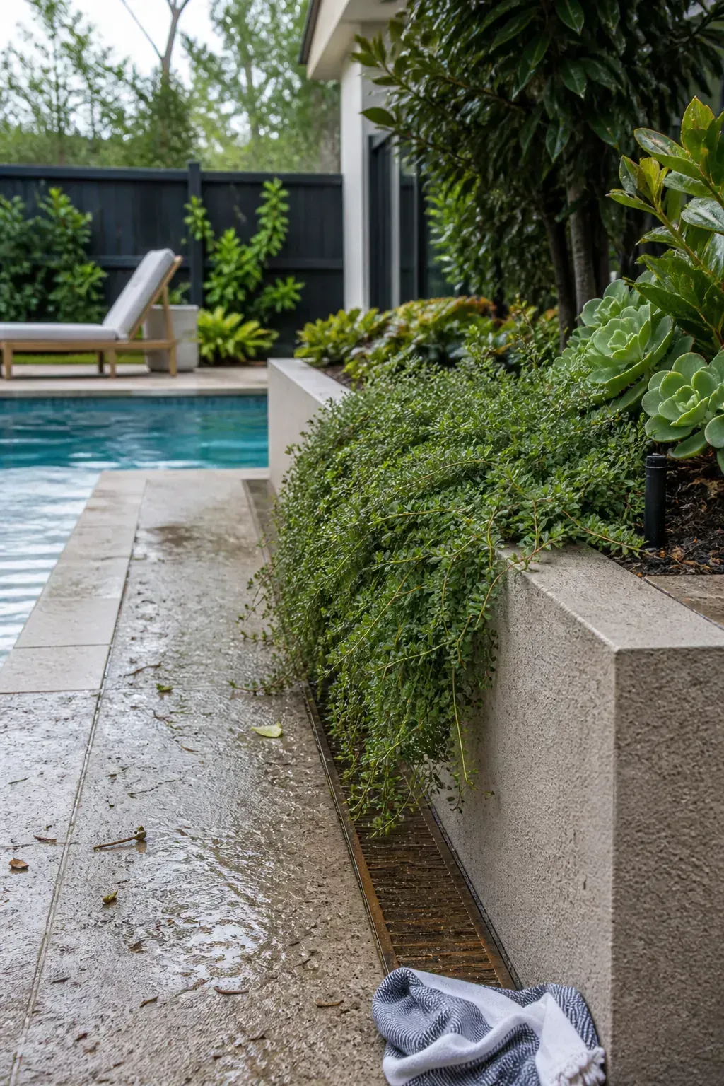 Soft groundcover spilling over a raised poolside planter