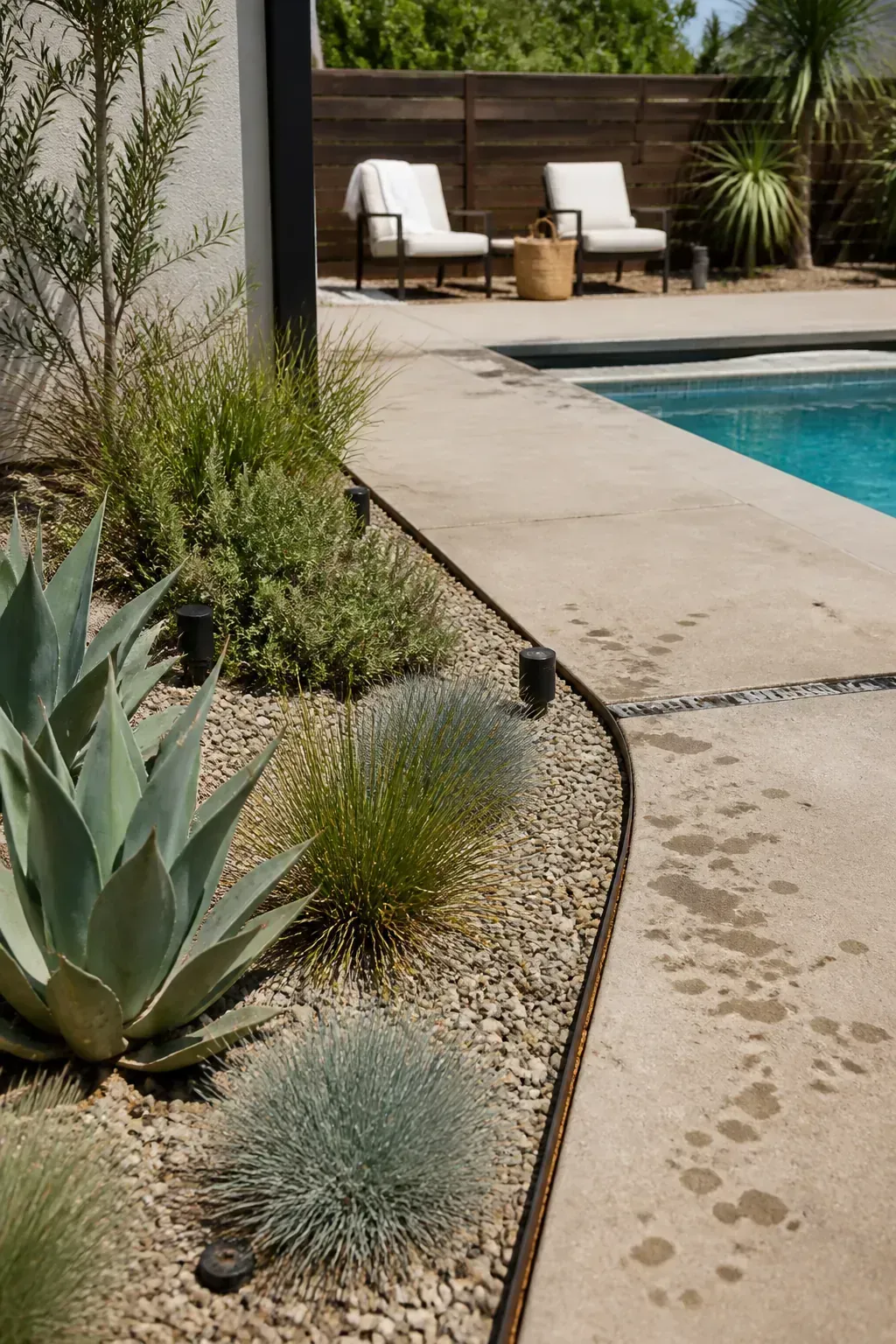 Drought-tolerant gravel garden beside a pool wet zone