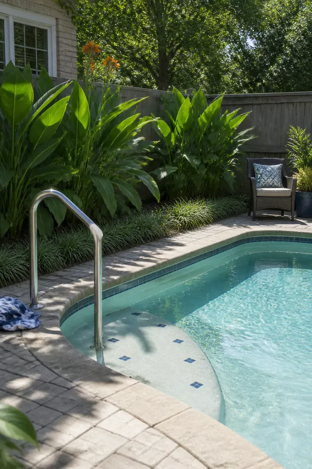 Soft broad foliage framing the shallow end of a pool