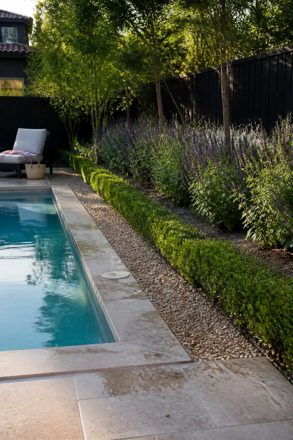 Flowering pool garden border positioned beyond a low-litter buffer