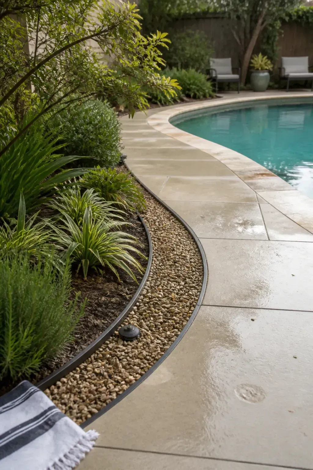 Contained mineral mulch edge keeping debris off a pool deck