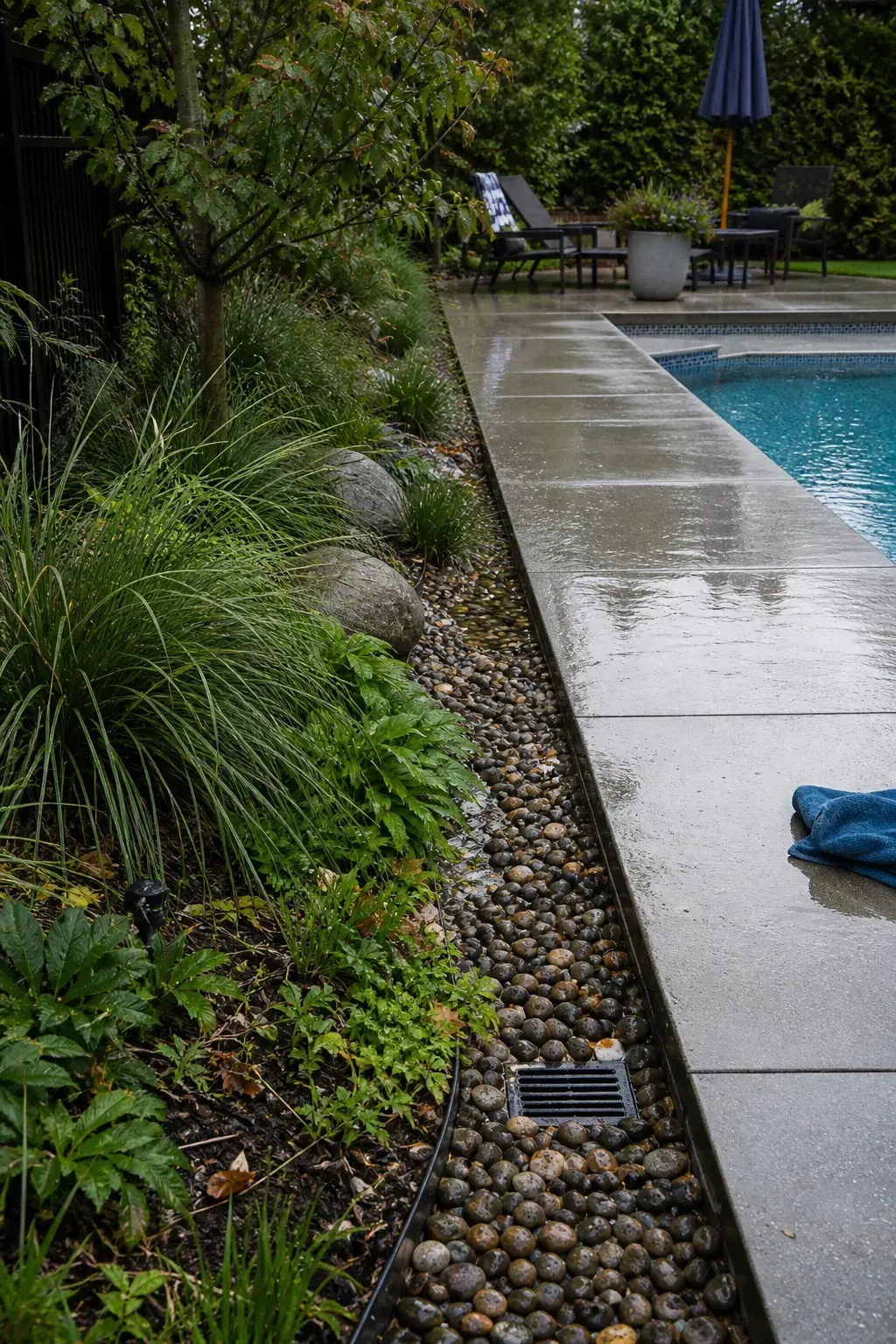 Planted drainage swale directing water away from a pool deck