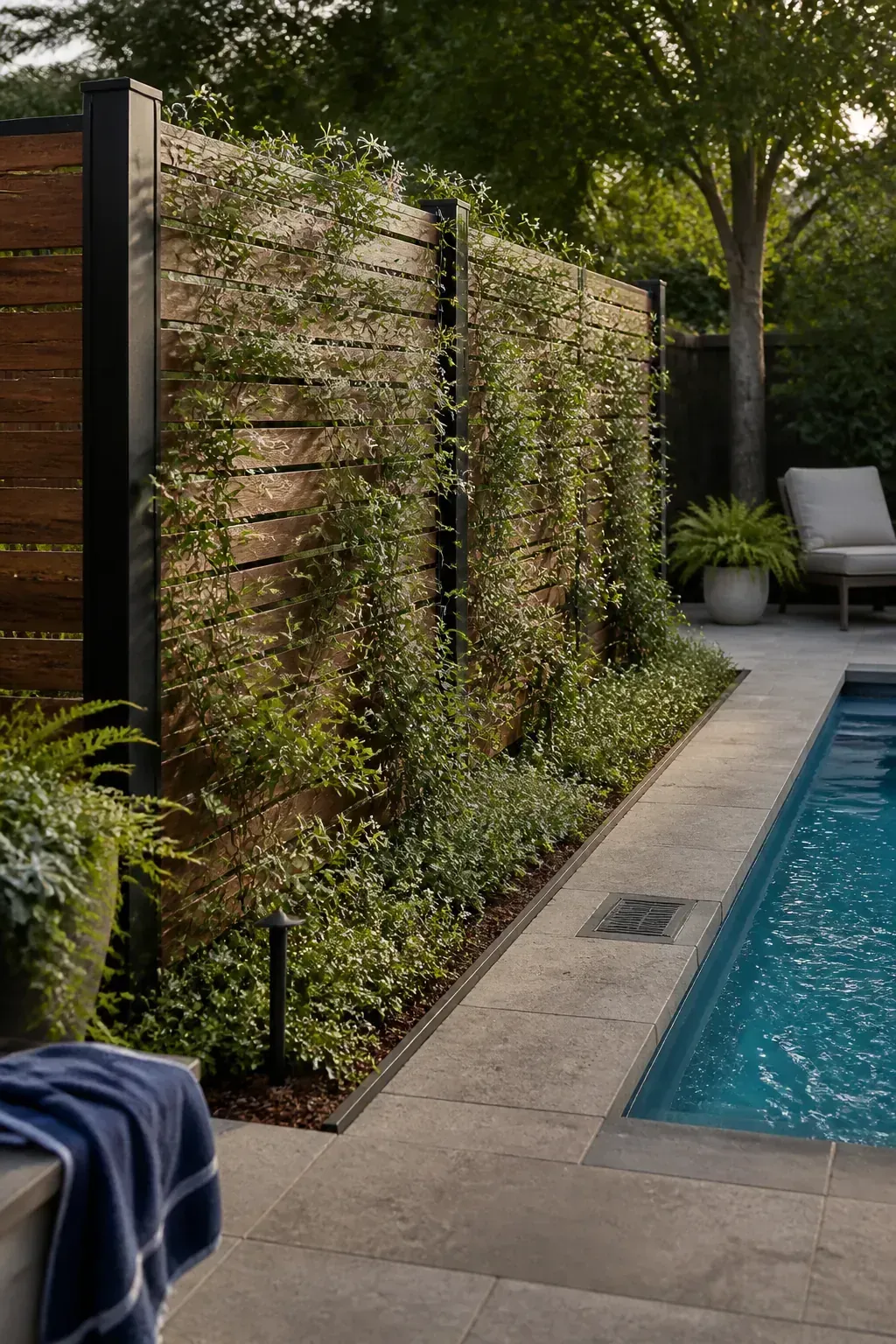 Climbing vine trained on a pool privacy screen