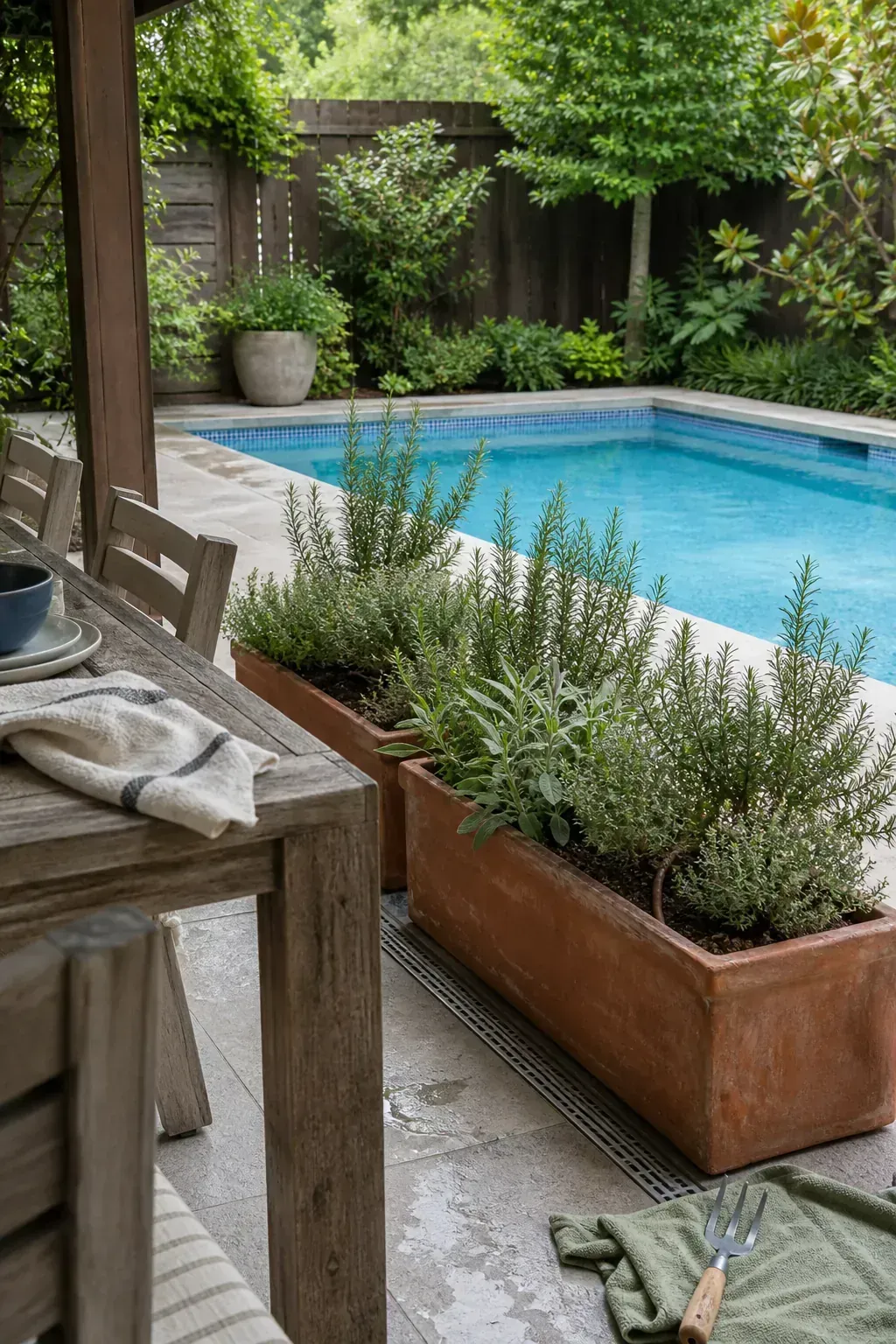 Herb planters near a shaded poolside dining area