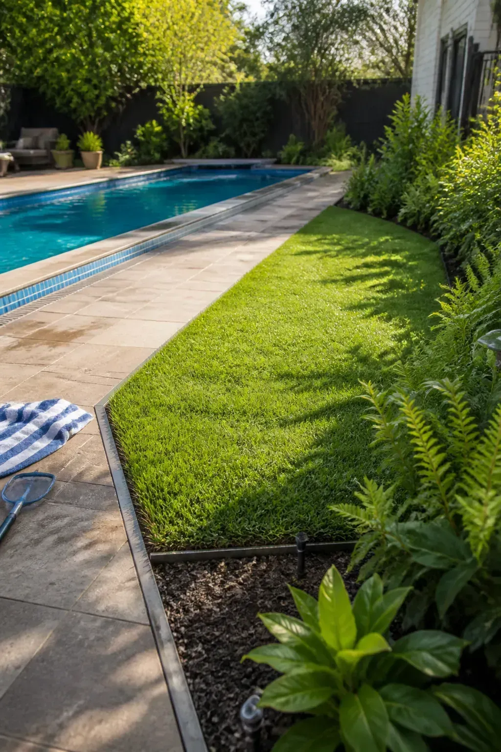 Small practical lawn cooling a hardscaped pool backyard