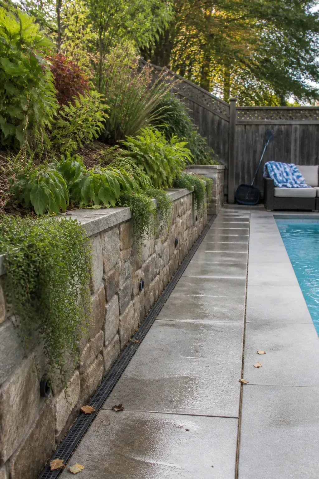 Planted ledges softening a low retaining wall beside a pool
