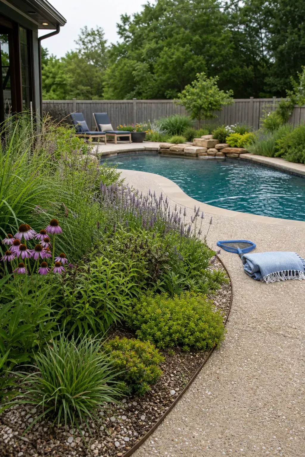 Repeated native plant community wrapping around a backyard pool